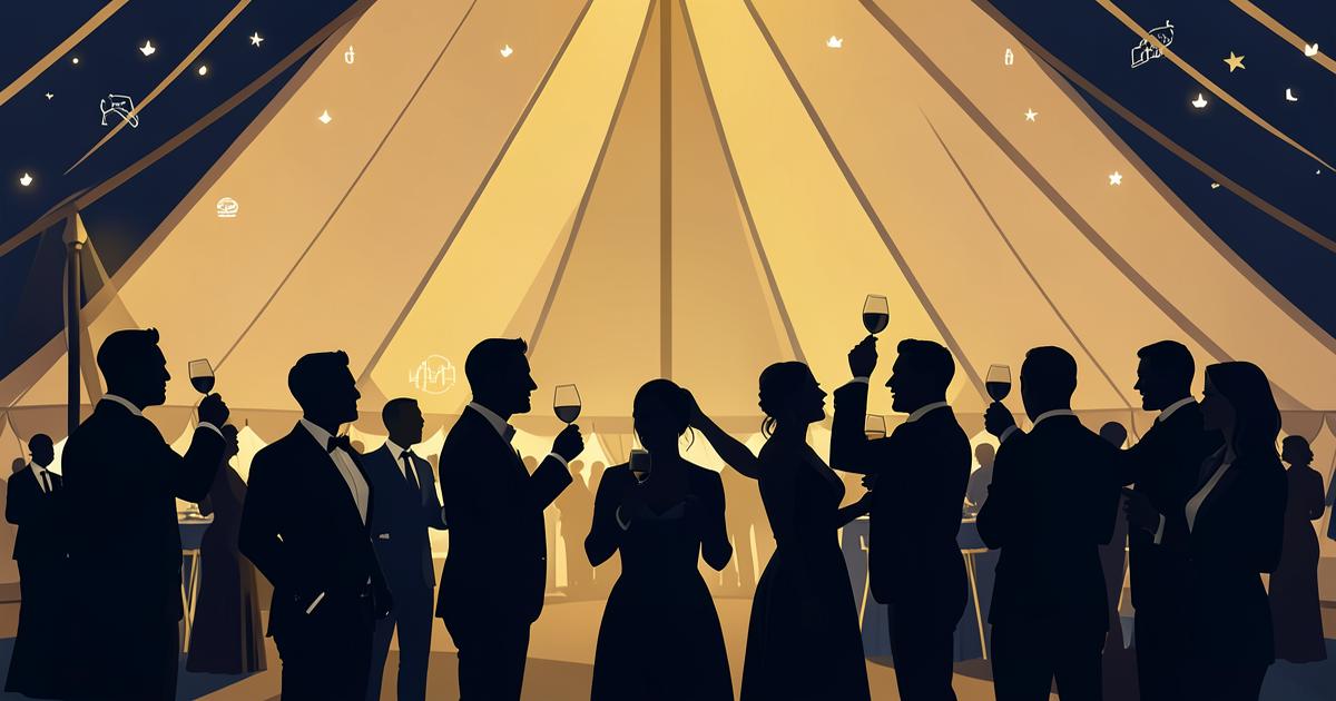 Illustration of an evening industry gala under a circus big top in Geneva